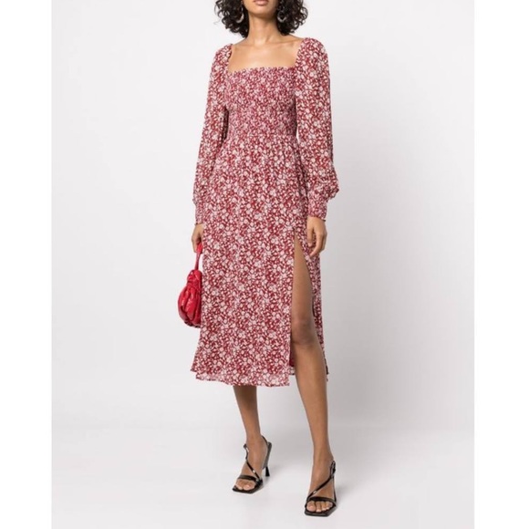 Reformation Cello Dress in flower girl red white floral print. Long sleeves - Picture 5 of 8